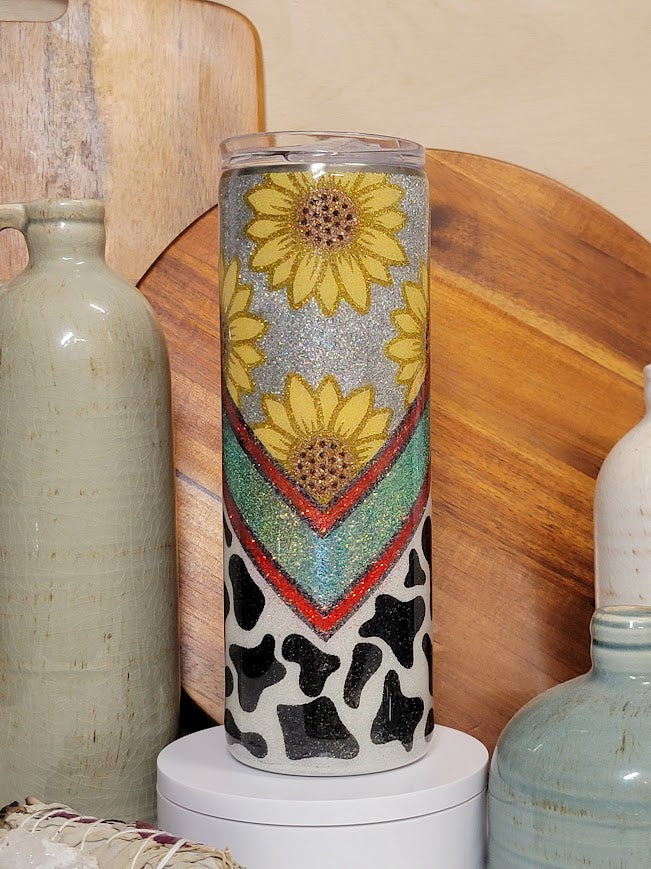 20 Oz Skinny/Straight Sunflowers & Cow Prints Template Glitter Tumbler