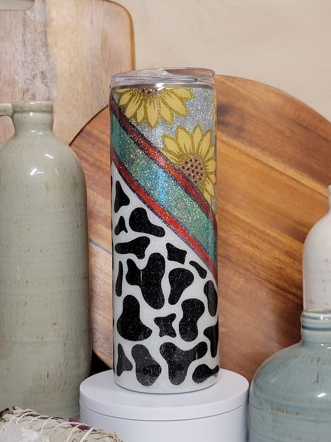 20 Oz Skinny/Straight Sunflowers & Cow Prints Template Glitter Tumbler