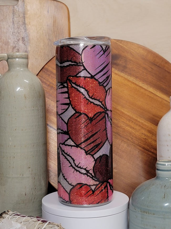 20 Oz Skinny/Straight Hearts And Lips Template Glitter Tumbler