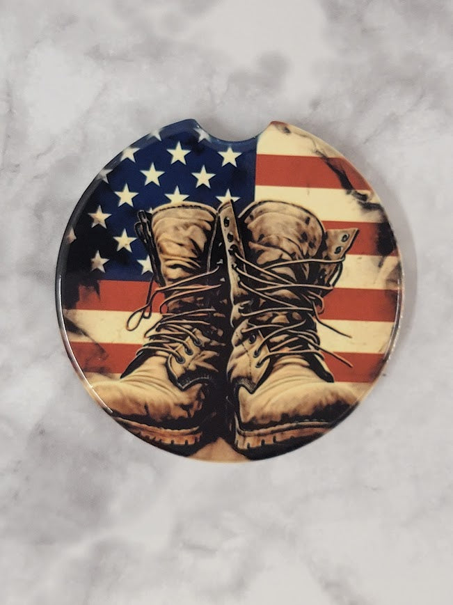 Boots With Burnt Flag Car Coaster
