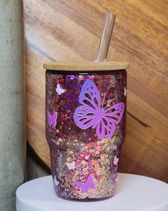4 Oz Purple Butterflies Snow Globe Shot Glass
