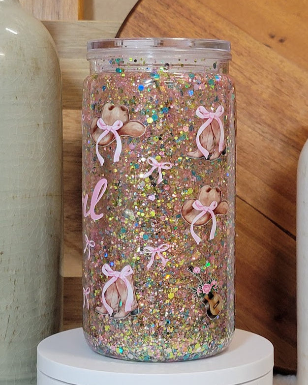 16 Oz Cowgirl Slow Flow Glitter Acrylic Snow Globe Libby Cup