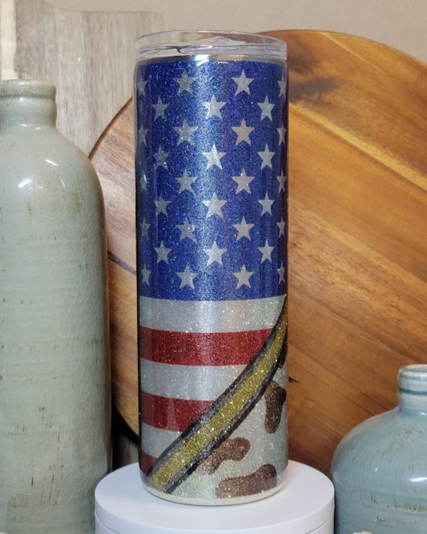 20 Oz Skinny/Straight American Flag & Cowprint Template Glitter Tumbler