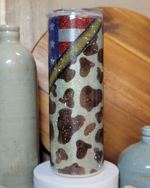 20 Oz Skinny/Straight American Flag & Cowprint Template Glitter Tumbler