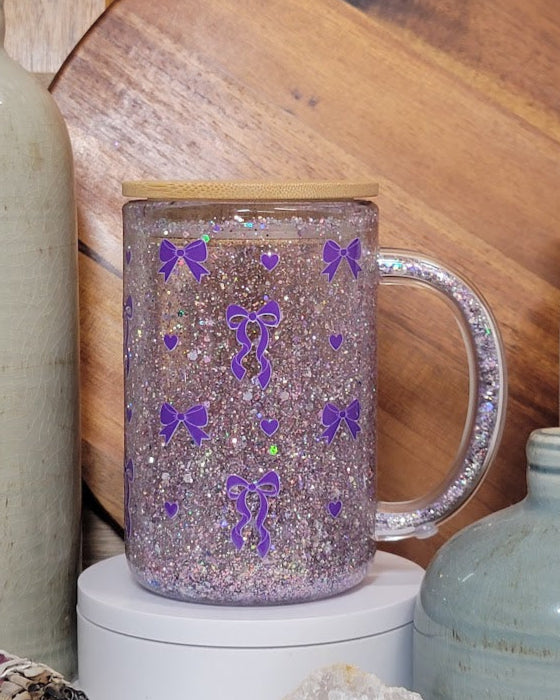 15 Oz Purple Ribbons Slow Flow Glitter Snow Globe Coffee Mug