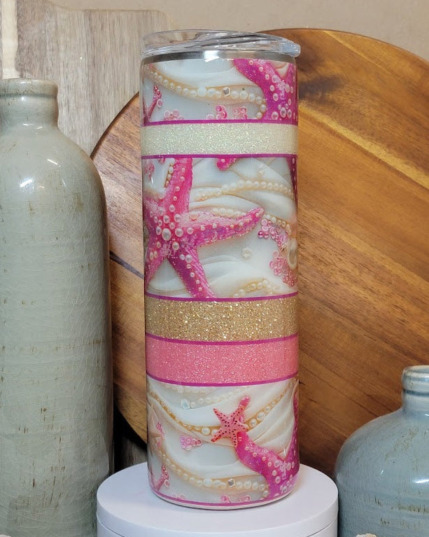 20 Oz Skinny/Straight Starfish & Pearls Template Glitter Tumbler