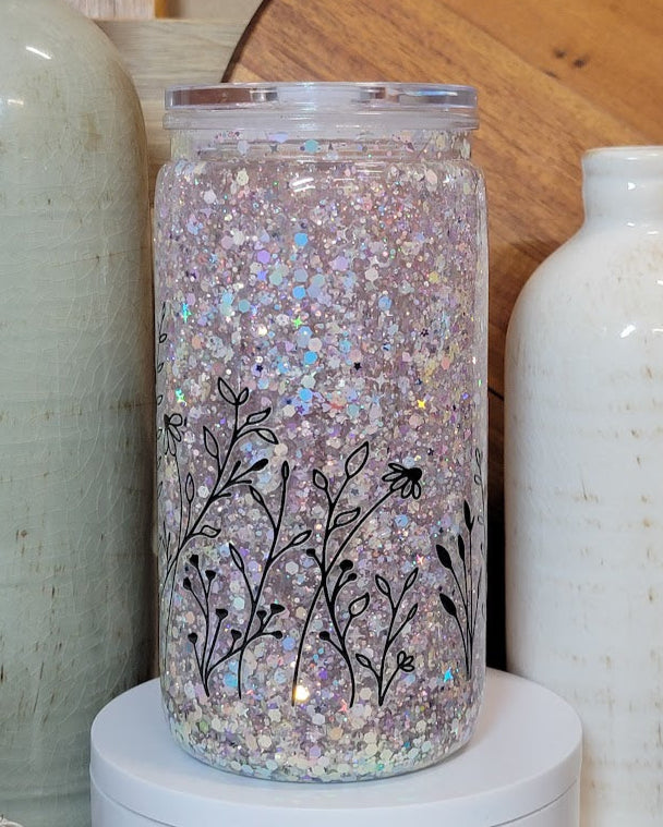 16 Oz Silver Flowers Motionless Glitter Acrylic Snow Globe Libby Cup