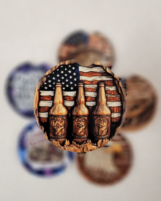 Wood Carved Beer Bottles Car Coaster