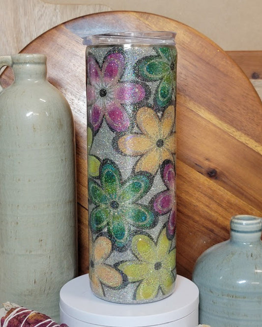 20 Oz Skinny/Straight Paradise Flowers Template Glitter Tumbler