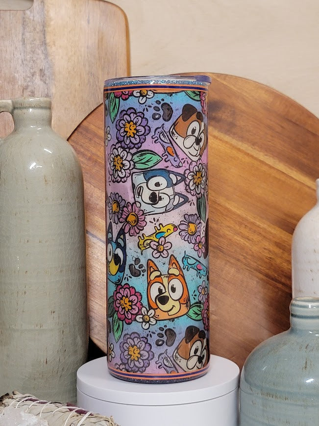 20 oz Skinny/Straight Blue Dog Fabric & Glitter Tumbler
