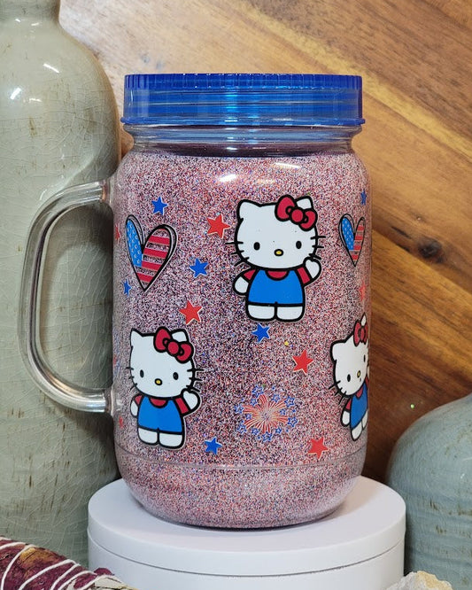 20 Oz Patriotic Kitty Motionless Glitter Acrylic Mason Jar
