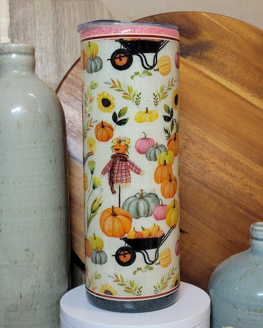 20 oz Skinny/Straight Harvest Pumpkins Fabric And Glitter Tumbler