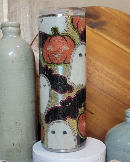 20 oz Skinny/Straight Pumpkins, Bats, & Ghosts Template Glitter Tumbler