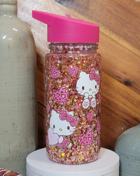 12 Oz Heart Kitty Slow Flow Glitter Kids Acrylic Snow Globe Water Bottle