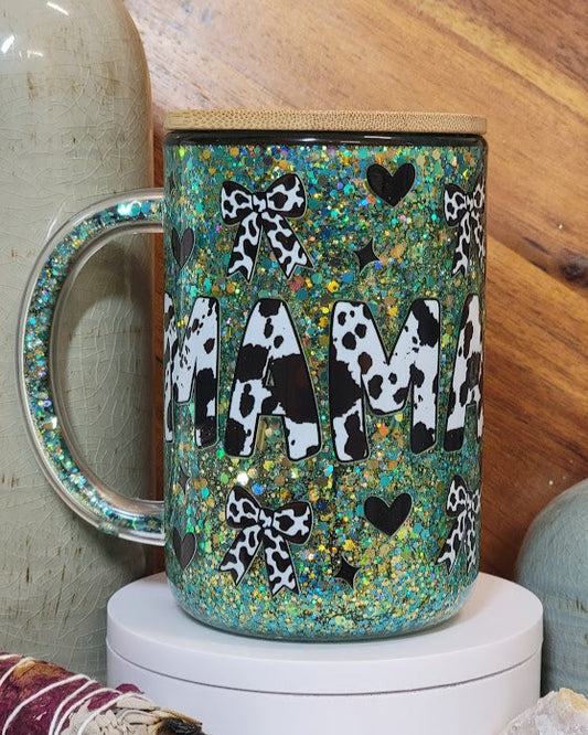15 Oz Mama Cow Print Motionless Glitter Snow Globe Coffee Mug