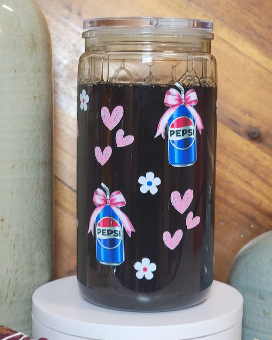 16 Oz Blue Soda Pink Hearts Snow Globe Acrylic Libby Cup