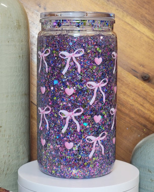 16 Oz Pink Ribbons & Hearts Slow Flow Glitter Acrylic Libby Cup