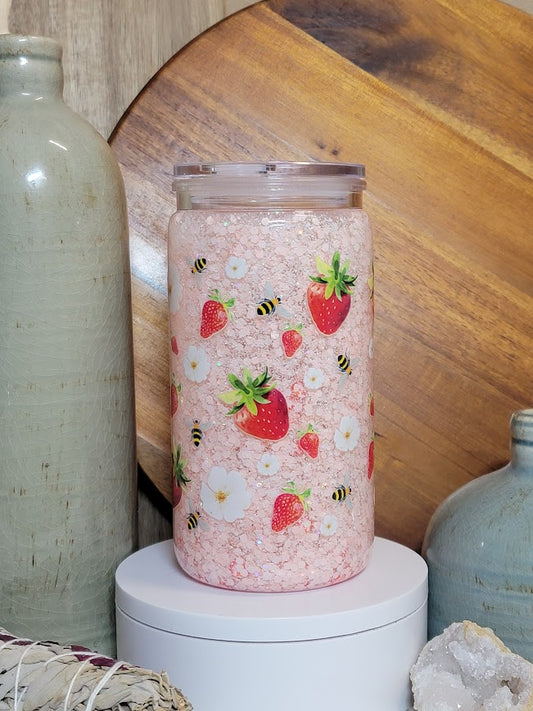 16 Oz Strawberries & Bees Motionless Glitter Snow Globe Acrylic Libby Cup
