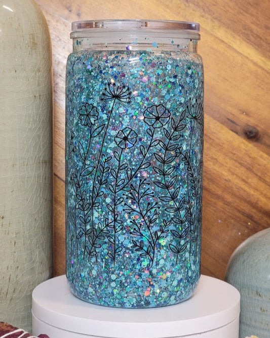 16 Oz Teal Glitter & Flowers Slow Flow Snow Globe Acrylic Libby Cup